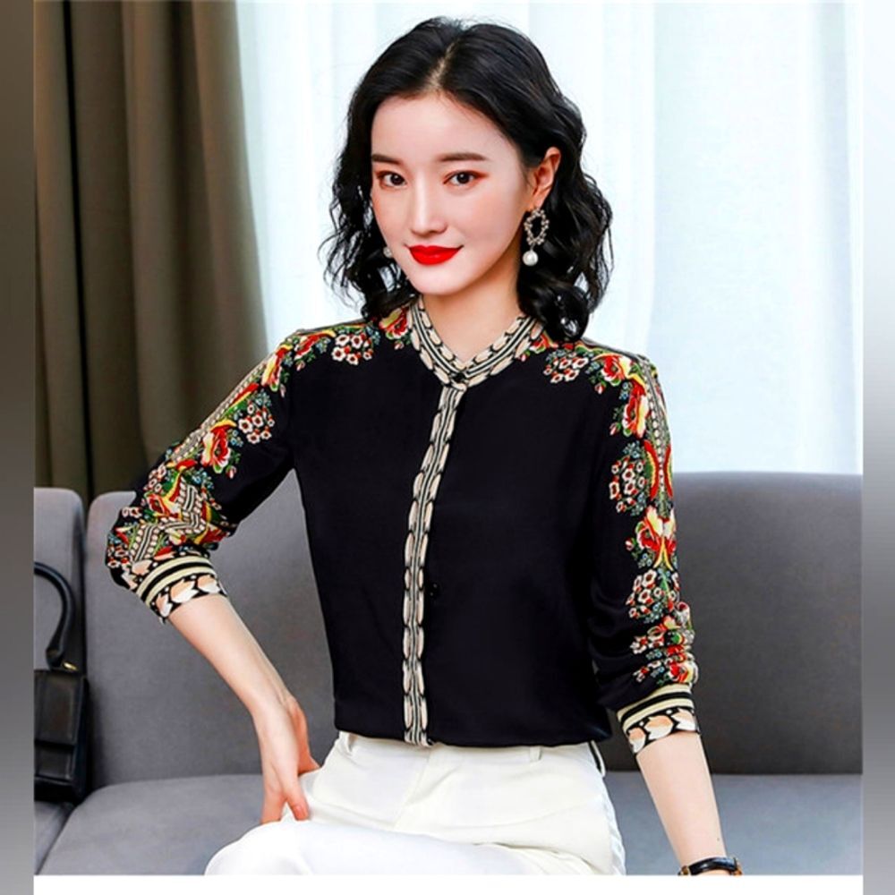 NEW Black Floral Abstract Blouse Top Asian Office Career Boho Indie Oriental 14